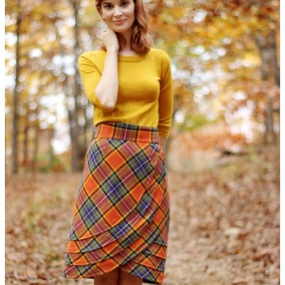 Anthropologie Skirt Womens 6 Orange Plenty Tracy Reese Plaid Pencil Wool Tweed - Picture 7 of 7
